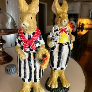 Striped Bunny Figurines with Red and Yellow Accents